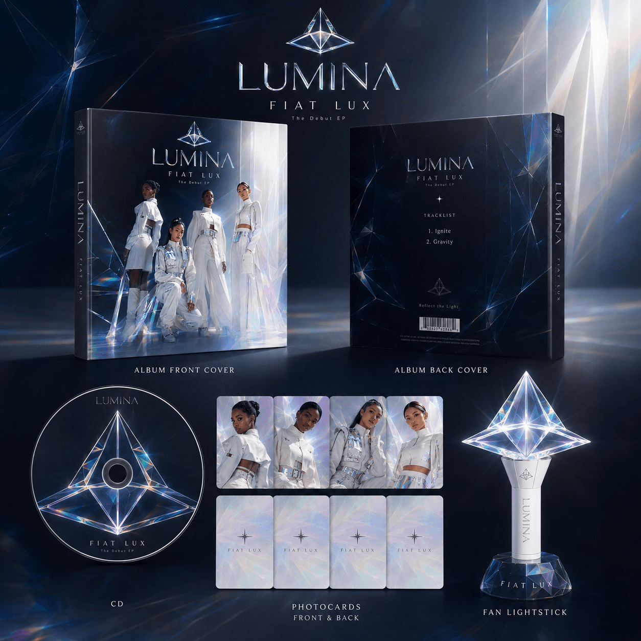 Fiat Lux physical album mockup with photocards and lightstick